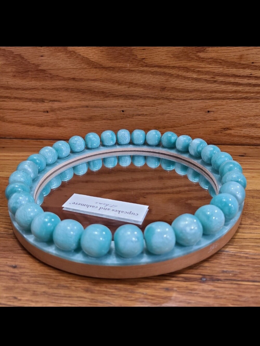 Round Turquoise blue aqua beaded tabletop desktop vanity standing mirror - Picture 3 of 5